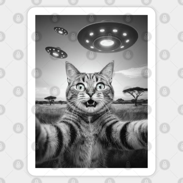 Selfie of Funny Cat And Aliens UFOs in African Savanna #2 Sticker by Megadorim
